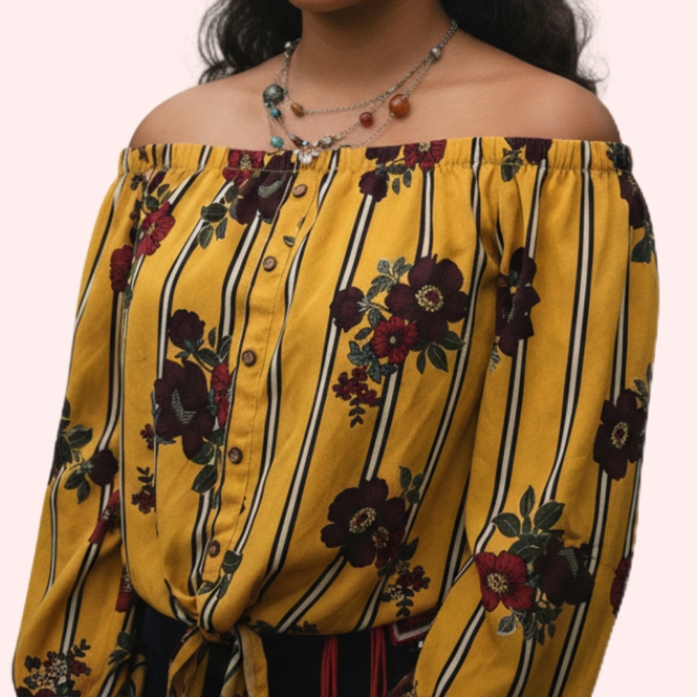 Yellow Floral Off-Shoulder Tie-Front Top – Size M